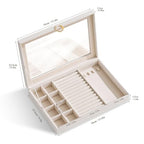bussdis Glass Lid Jewelry Organizer Box – Beige Velvet Jewelry Case with Ring Slots, Necklace Hooks & Removable Compartments for Earrings, Rings & Bracelets - color: Beige