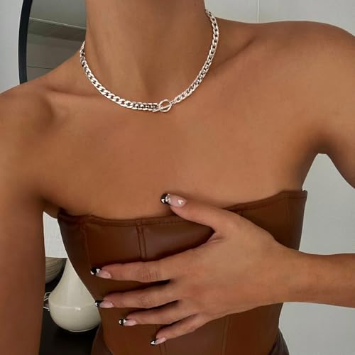 CHESKY 14K Gold Plated Chunky Necklace for Women, Trendy Paperclip Chain Necklace Thick Cross Heart Pendant Necklace Layered Herringbone Cuban Link Chain Toggle Necklaces Non Tarnish Jewelry - color: silver, style: cuban
