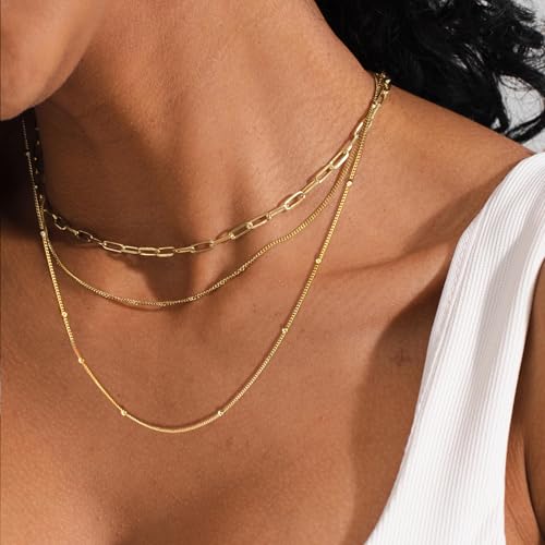 3PCS Gold Necklaces for Women,Chunky Statement Gold Plated Necklace Stack Layered Sterling Silver Herringbone Chains for Women Dainty Trendy Silver Chains Stacked Jewelry Gifts - color: gold beaded necklace set