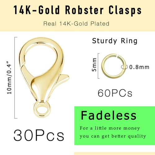 90Pcs Fadeless Lobster Claw Clasps (10mm) & Jump Rings for Jewelry Making, Necklace Bracelet Findings & Supplies (14K Gold Plated) - color: 14K Gold Plated