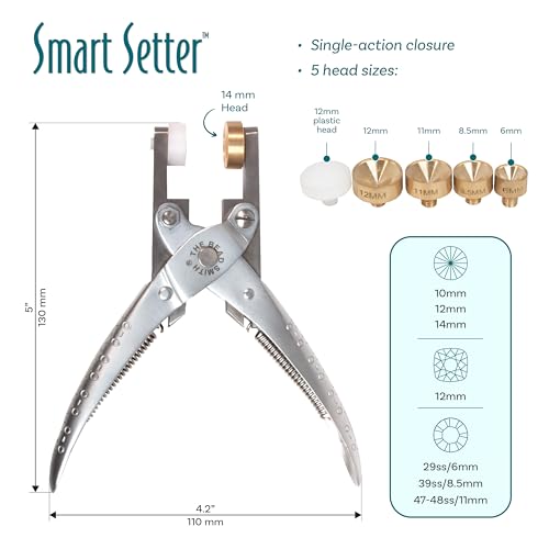 The Beadsmith Smart Setter Parallel Pliers – 5” Cup Chain Tool for Gemstone Setting, Polished Steel, 5 Brass Setting Heads Sizes (14mm, 12mm, 11mm, 8.5mm, 6mm) & 12mm Plastic Head