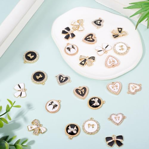 Craftdady Crystal Rhinestone Pendants Butterfly Heart Rhombus Bowknot Earring Charms Alloy Enamel Metal Pendants Light Gold Bracelet Charms for DIY Craft Necklace Jewelry Making - color: Black White Heart
