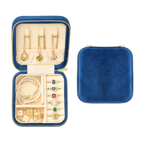 TAIMY Plush Velvet Travel Jewelry Box, Small Travel Jewelry Case, Portable Mini Jewelry Travel Organizer Boxes for Rings Earrings Necklaces Bracelets(Navy Blue,No Mirror) - color: Navy Blue