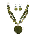 Layered Beads Statement Fashion Necklace Chunky Jewelry Set Big Colorful Glass Stone Circle Shell Pendant Choker Necklace and Earring Set for Women - color: Olive Green