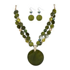 Layered Beads Statement Fashion Necklace Chunky Jewelry Set Big Colorful Glass Stone Circle Shell Pendant Choker Necklace and Earring Set for Women - color: Olive Green