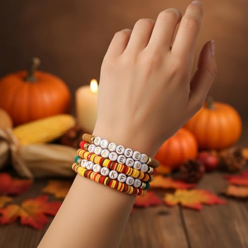 Thanksgiving Stackable Bracelet for Women Set Colorful Beads Rubber Ring Elastic Layering Letter Disc Maple Leaf Pendant Clay Stretch Fall Bracelets Fall Costume Bracelet Jewelry for Women - style: Style1