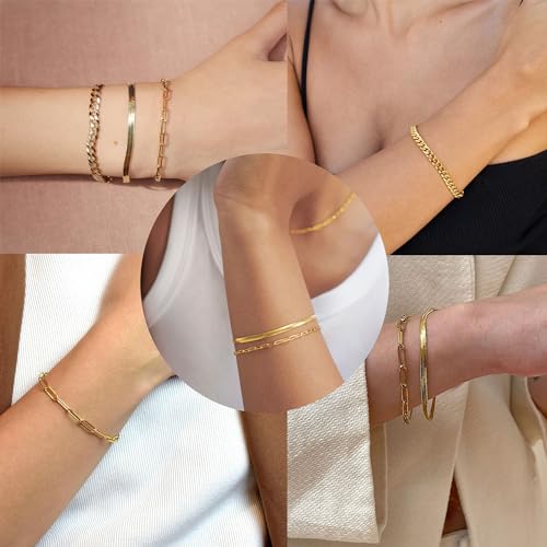 Gold Bracelets Set for Women Stack, Chunky Thick Bracelets Stack for Women Trendy, Simple Dainty Thin Gold Plated Cuff Stackable Bracelets With Beaded Cuban Paperclip Snake Rope Bangle Hand Chain Jewelry - style: Style 10-gold