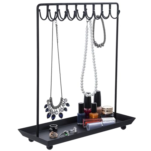 MyGift Black Metal Jewelry Stand for Women Jewelry Organizer Stand for Necklaces with 20 Hooks and Ring Tray Sturdy Necklace Pole - color: Black