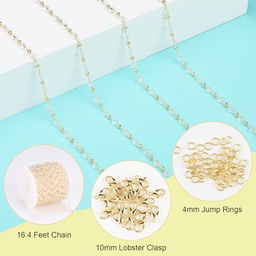 SMYHTGLIF 16.4 Feet Clear Crystal Chain for Jewelry Making Gold Plated Brass Bead Jewelry Making Chains Permanent Jewelry Findings - color: Transparent