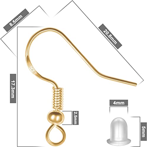925 Sterling Gold Earring Hooks 120 PCS/60 Pairs, Ear Wires Fish Hooks, Hypo-allergenic Jewelry Findings Parts with 120 PCS Clear Silicone Earring Backs Stoppers - size: 120pcs-Gold