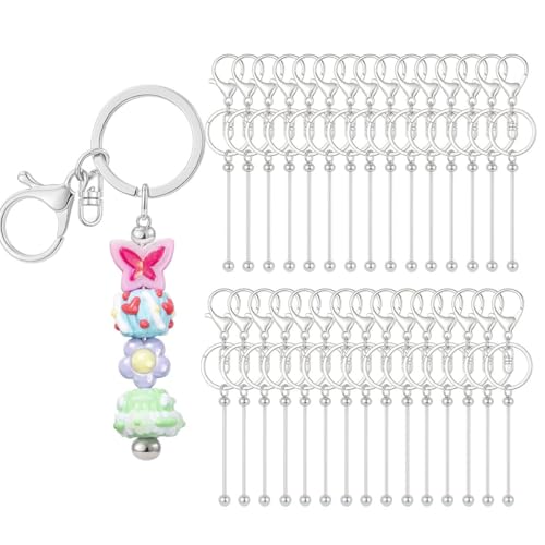 RQAYE 30pcs Beadable Keychains keychain bulk kit cute blank bead keychain strip DIY men's and women's making supplies crafts, jewelry, bag accessories, customized project gifts (Silver) - color: Silver
