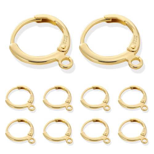 10Pcs 14K Goldplated Earring Hooks Round Small Gold Hoop Huggie Ear Leverback Hooks 925 Sterling Silver Earrings Findings 14x2mm Gold Small Huggie Hoop for Dangle Earring Making Jewelry Supplies Set - color: 10Pcs14x2mmHuggie_Gold