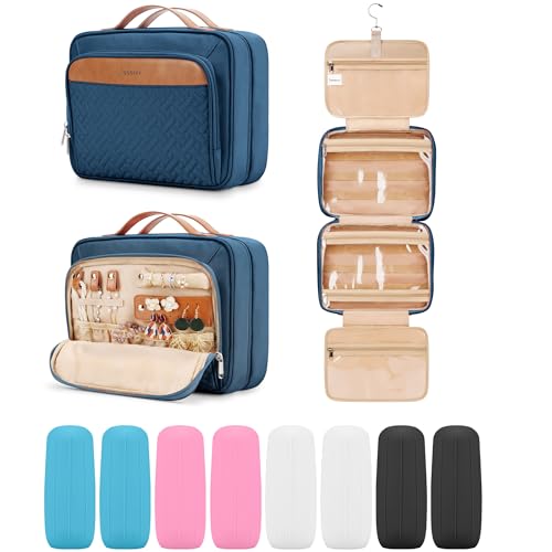 Travel Hanging Toiletry Bag for Women and Men, with 8 Leak Proofing Silicone Bottle Covers, Waterproof Makeup Accessories, Cosmetic Essentials, Toiletries Dopp Kit Set with Jewelry Organizer, Navy - color: Navy Blue, size: Medium*1 + Leak Proofing Bottle
