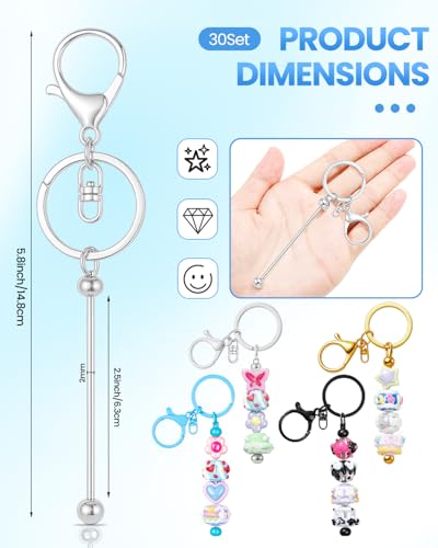 RQAYE 30pcs Beadable Keychains keychain bulk kit cute blank bead keychain strip DIY men's and women's making supplies crafts, jewelry, bag accessories, customized project gifts (Silver) - color: Silver
