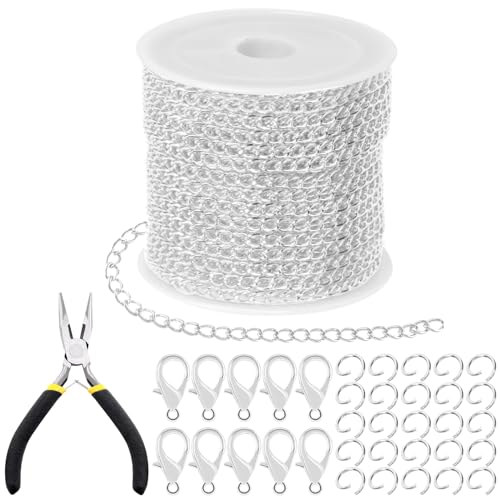 Tanstic 102Pcs 30 Feet Jewelry Making Chains Necklace Chains Bulk Cable Link Chain with 50Pcs Jump Rings, 50Pcs Lobster Clasps, Pliers for Bracelet Necklace Making(Silver) - color: Silver