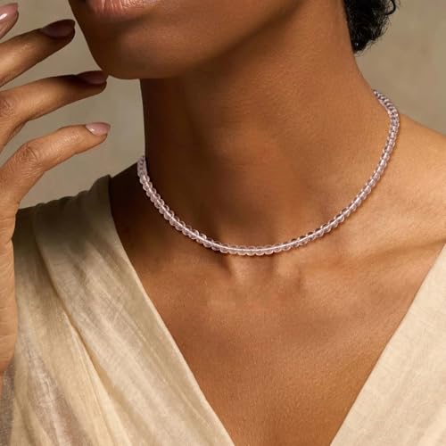 Crystal Choker Necklaces for Women,4mm Handmade Natural Stone Choker Beaded Necklace Healing Crystal Necklace Gemstone Bead Necklaces for Women - color: Clear Quartz