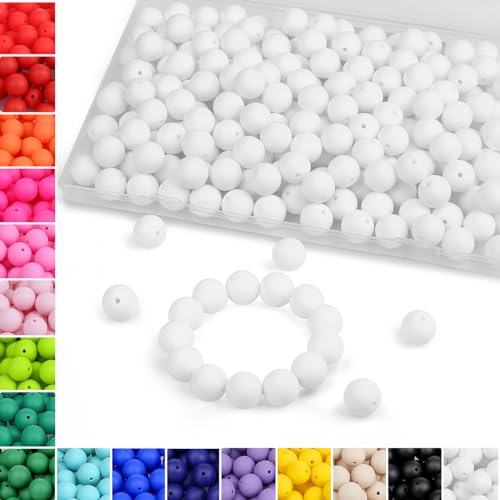 MAIBAOTA 120 Pcs White Silicone Beads - 15 mm Round Beads for Keychain, Pens, Bracelet, Necklace Making - Bulk Craft Kit - color: White