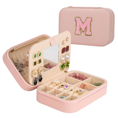 Travel Jewelry Case, Jewelry Box with Mirror, Jewelry Organizer Bridal Shower Gifts to Her, Earring Storage Travel Case, Trendy Gift for Women and Girls, Girlfriend-Letter M, Pink - color: M, size: Pink