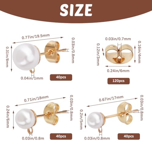 1 Box 120Pcs Hypoallergenic Pearl Earring Posts Pearl Earring Stud Findings with Loop Butterfly Back and Imitation Beads Gold Ear Studs Finding for Jewelry Making DIY Crafts Supplies Women - color: Light Gold