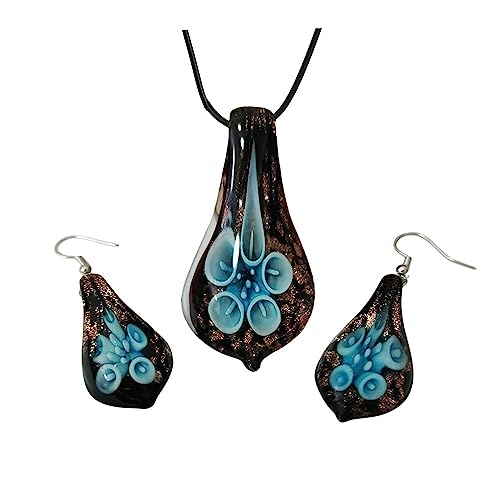 Glass Water Drop Shape Glaze Spiral Dangle Earrings Lampwork Handmade Glass Bead Geometric Earrings for Women Jewelry - color: Flower Blue Set