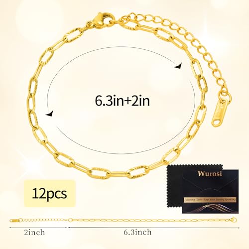 Wurosi 12PCS 18K Gold Plated Embossed Bracelet Chains 6.3Inch Gold Charm Bracelet Chains for Women DIY Jewelry Making - color: Bracelets 12 PCS Gold