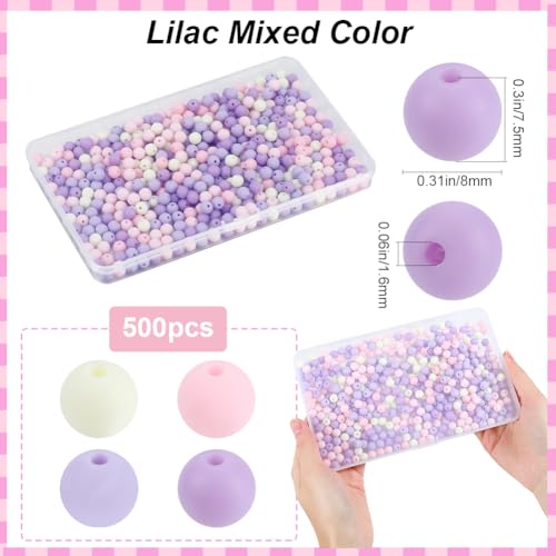 1 Box 500Pcs Matte Round Beads 8mm Opaque Acrylic Beads Bulk Frosted Lilac Small Ball Rubberized Imitated Silicone Bubblegum Smooth Loose Bead for Jewelry Making Bracelets Necklace DIY Craft - color: Lilac