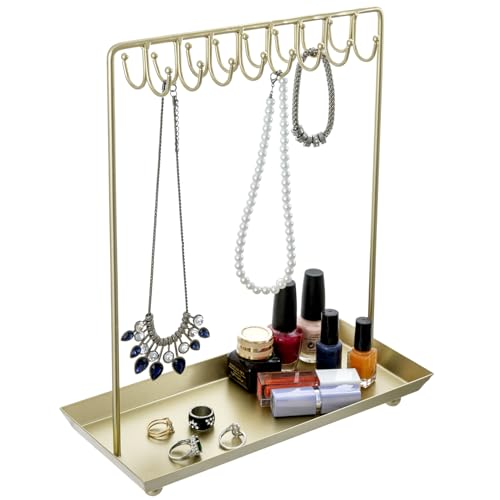 MyGift 14 Inch Brass Metal Jewelry Organizer Stand for Necklaces with 20 Hooks and Ring Tray - color: Brass