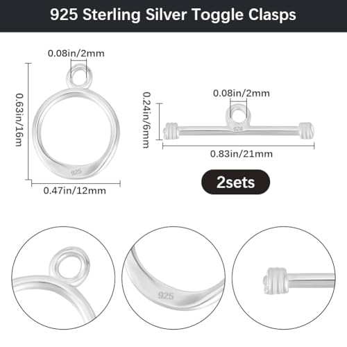 Beebeecraft 1 Box 2 Sets Silver Toggle Clasps T Bar Clasp Necklace 925 Sterling Silver Round IQ Jewelry Fastener Connectors Buckle for Jewelry Making Pendants Bracelet Necklace Earring DIY Crafts