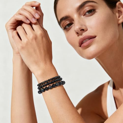3Pcs Natural Healing Crystal Bracelets for Women Men, 4mm 6mm 8mm Beaded Stretch Bracelet Set, Black Tourmaline Natural Stone Gemstone Jewelry Gifts for Meditation, Reiki & Yoga - color: Black Obsidian