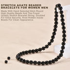14in Agate Wrap Bracelet for Women Men Natural Round Beaded Agates Stone Healing Stretch Bracelets Elastic Handmade Polished Gemstone Beads Bracelet - color: Black Agate, size: 8mm Beads