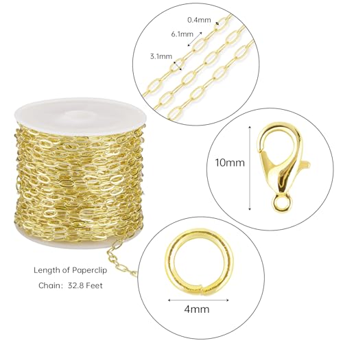 Crisjanggo 32.8 Feet 14K Gold Plated Brass Chains for Jewelry Making Long Craft Link Chain Roll Paperclip Necklace Chains Bulk with Jump Rings Lobster Clasps Extender Chain - color: Paperclip