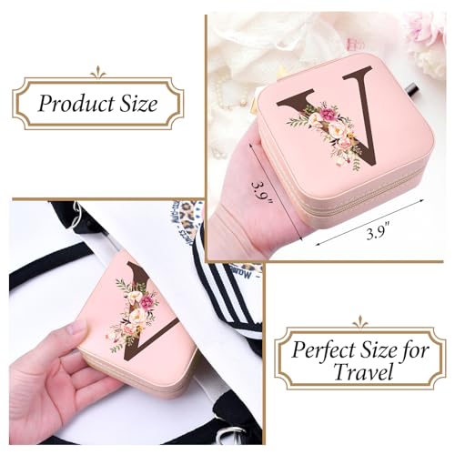 Small Travel Jewelry Case for Women, Initial Travel Jewelry Case Box Organizer Personalized Gifts, Fashion Travel Essentials Trendy Stuff for Teen Girls, Pink V - style: V