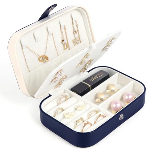 Travel Jewelry Box, Small Jewelry Organizer Boxes for Women Girls, 2 Layer Travel Jewlery Case, PU Leather Mini Portable Jewerly Storage Display Holder for Earrings, Ring, Necklaces, Bracelets - Blue - color: Navy Blue