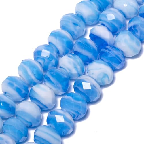 7.5×10mm 50pcs Light Blue White Faceted Lampwork Glass Beads for Jewelry Making, Flat Round Handmade Murano Beads for Bracelets, Crafts, Friendship Bracelet Kit, Rosary Making - color: Light Blue White