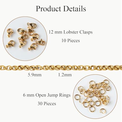 Jabogrii 16.4 Feet Gold Stainless Steel Jewelry Making Chain Bulk Craft Twisted Chain on Spool with Lobster Clasps and Jump Rings for Jewelry Making - color: Twisted Gold