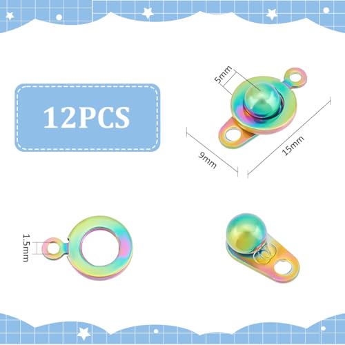 UNICRAFTALE 12Pcs Stainless Steel Small Snap Clasps Rainbow Color Round Clasps Ball Socket Snap Clasps Fastener Snap Button Clasps for DIY Necklaces Bracelets Jewelry Making 1.5mm Hole, 15.5mm - color: Rainbow