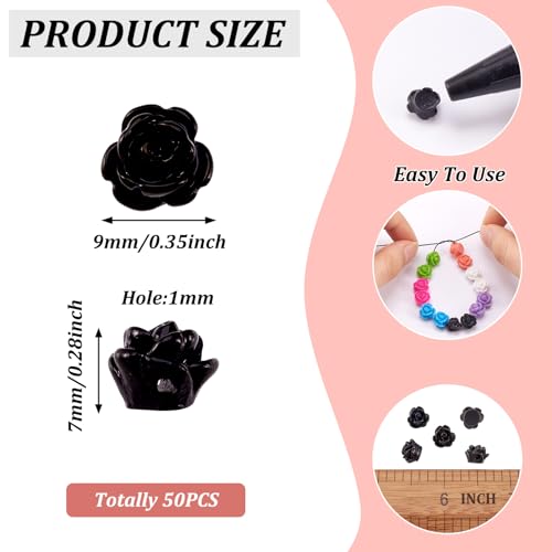 Beadthoven 50pcs Handmade Flat Base Opaque Resin Black Rose Flower Beads for DIY Beading Jewelry Making Necklace Bracelet Earring Supplies 9x7mm Hole: 1mm - color: Black Rose#9x7mm