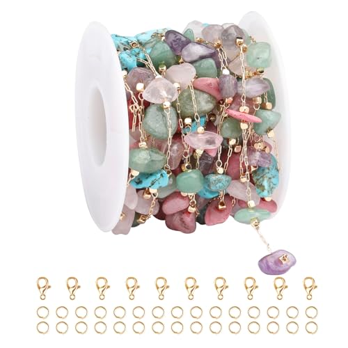 KYUNHOO 16.4FT Colorful Natural Stone Chain Links Gold Plated Brass Chain for Necklace Thin Paperclip Chain Roll with Lobster Clasps Jump Rings Jewelry Making Supplies - color: Natural Stone-Colorful