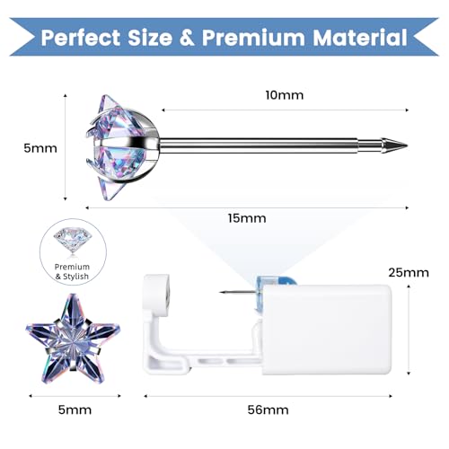 Nunpag 12 Pcs Ear Piercing Kit Disposable Ear Piercing Gun Kit with 4 Pcs 5 Prong Setting Cubic Zirconia Rainbow Star Earrings Stud 316L Stainless Steel Easy to Use Self Ear Piercer Gun Kit Silver - color: Silver-Rainbow-Star