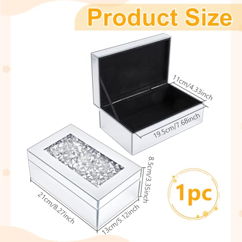 FINGERINSPIRE Glass Mirrored Jewelry Box Organizer 8.27x5.12x3.35inch Crushed Diamond Mirrored Jewelry Storage Case Rectangle Silver Diamond Organizer Box for Women Jewelry Ring Storage