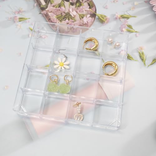 4 PCS Stackable Jewelry Organizer Tray, Plastic Storage Box with 16 Mini Grid (1.57''), Clear Organizer Tray for Drawer Dresser Vanity Desk, Jewelry Storage Box for Necklaces Bracelets Rings Earrings
