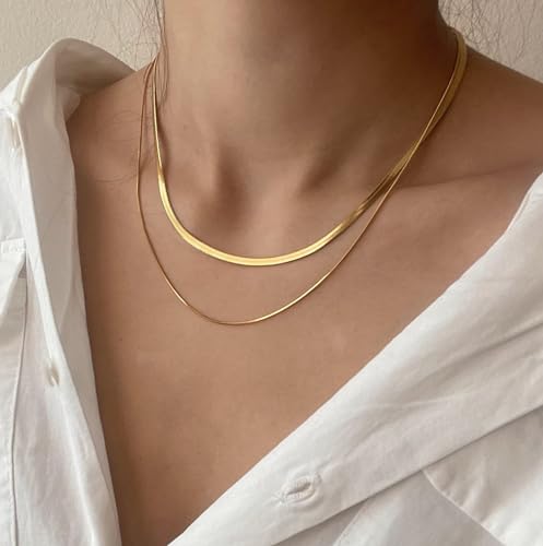 Tewiky Layered Necklaces for Women Non Tarnish- Chunky 14k Gold Plated Herringbone/Snake/Rope/Box/Cuban Link Chain for Women Waterproof Layering Stack Choker Necklace Trendy Dainty Tarnish Free Jewelry Set - color: Layered Herringbone Gold