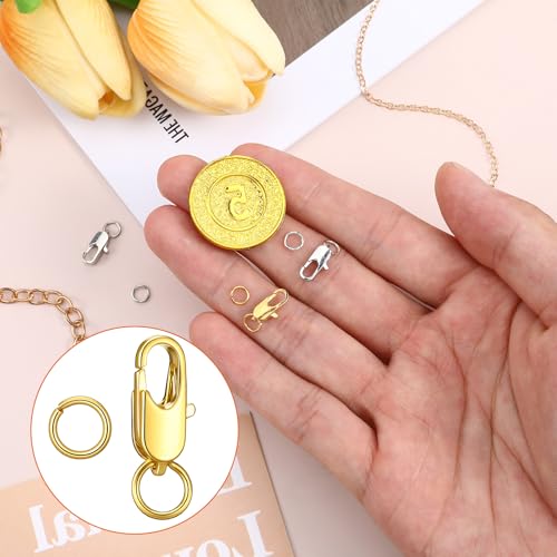 4 Pcs Stainless Steel Lobster Claw Clasps with Jump Rings, No Tarnish Jewelry Findings for Necklace Bracelet Anklet Making, Strong Spring Snap Hooks Closures (12mm/0.47 Inch, Silver + Gold)