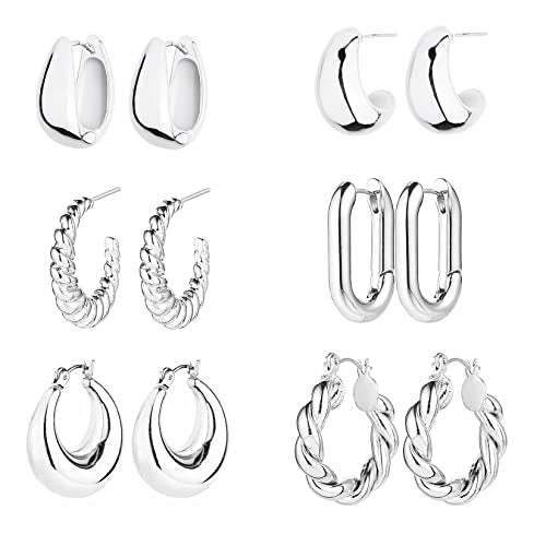6 Pairs 14K Gold Plated Hoop Earrings for Women Lightweight Chunky Hoop Earrings Multipack Hypoallergenic, Thick Open Twisted Huggie Hoops Earring Set Jewelry for Gifts. - color: Silver