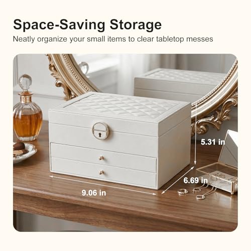 3 Layer Jewelry Box with Lock, Women Large Jewelry Holder Organizer with Drawer for Necklaces, Rings, Bracelets, Earrings, Watches, Valentines Gift for Mom Girl Wife(Creamy-white) - color: Creamy-white