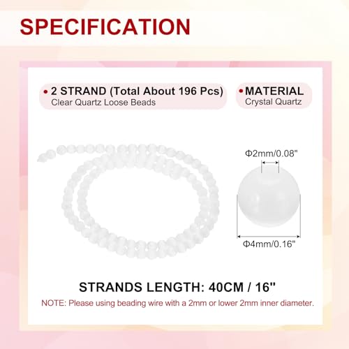 PATIKIL 4 mm Natural Clear Quartz Loose Beads, 2 Strands Crystal Round Stone Strand Beads Gemstone Loose Bead Spacer Beads for Jewelry Making DIY Necklace Bracelet, White - color: White, size: 4 mm