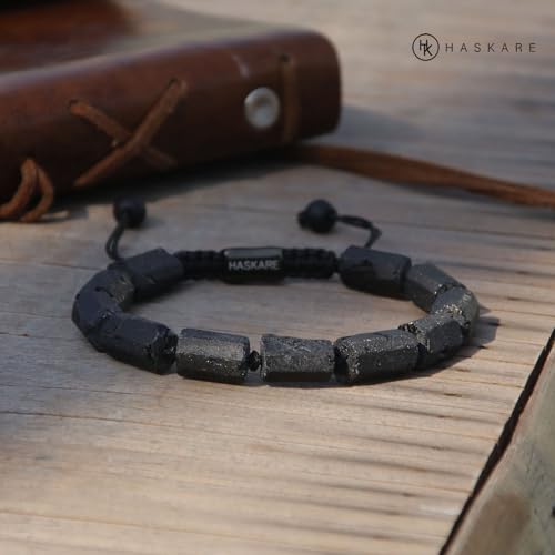 HASKARE Natural Stone Tourmaline Crystal Bracelets for Men, Protection Crystals Raw Black Tourmaline Beads Bracelet, Mens Energy Healing Bracelets for Anxiety, Handmade Beaded Bracelet Gifts for Men