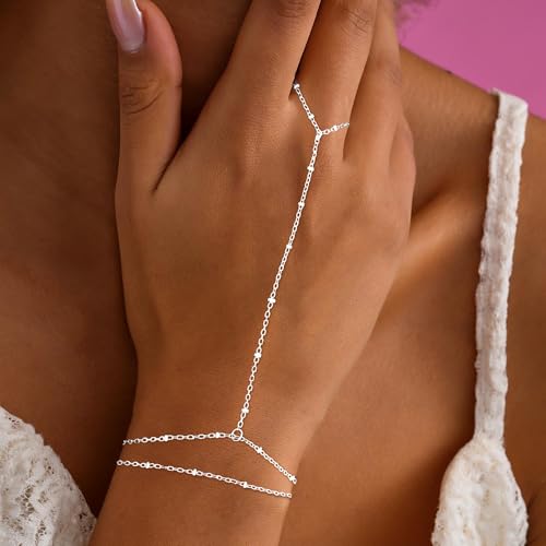 Gold Bracelets for Women Trendy, Dainty Gold Hand Chain Bracelet Stack 14k Gold Plated Finger Ring Bracelet Hand Chain Cz Layered Beaded Gold Bracelets for Women Non Tarnish Gold Jewelry Gift - style: satellite hand chain bracelet-silver