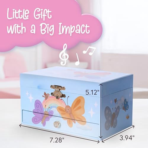 The Memory Building Co Butterfly Musical Jewelry Box Plays Classic Melody, Storage Organizer Music Box for Kids Ages 6-12, MDF Wood w/ 2 Fabric Lined Ring Bracelet Necklace Treasure Compartments - style: Butterfly