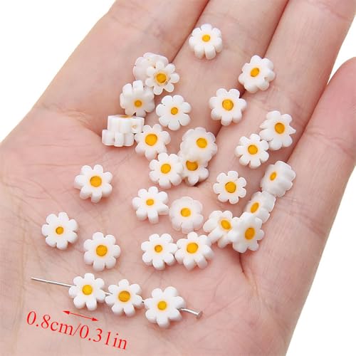 60Pcs Handmade Glass Beads White Daisy Flower Beads Small Beads for Jewelry Making Flat Flower Crystal Loose Spacer Beads for Bracelets Necklace Earrings Making and DIY Craft with Hole